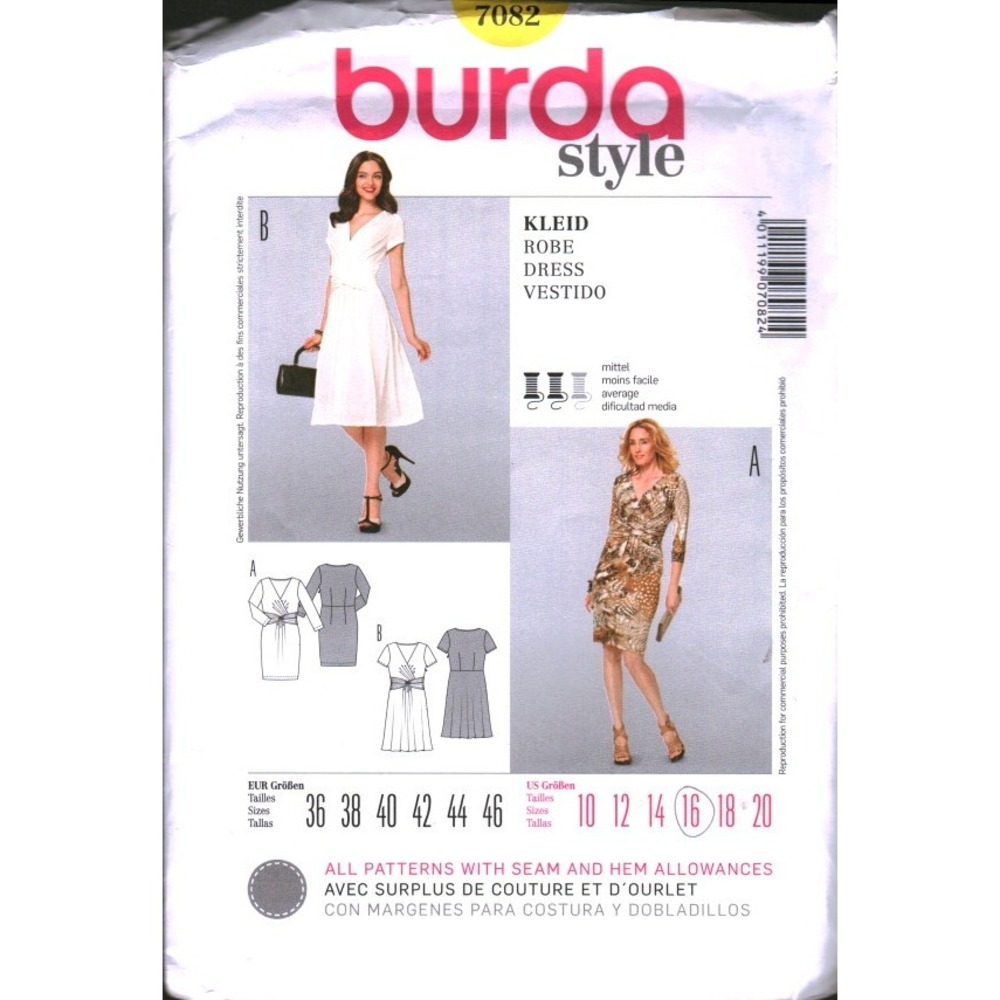 Burda Style 7082 Sewing Pattern Misses Dress V-Neck Gathered Waist Size 10-16